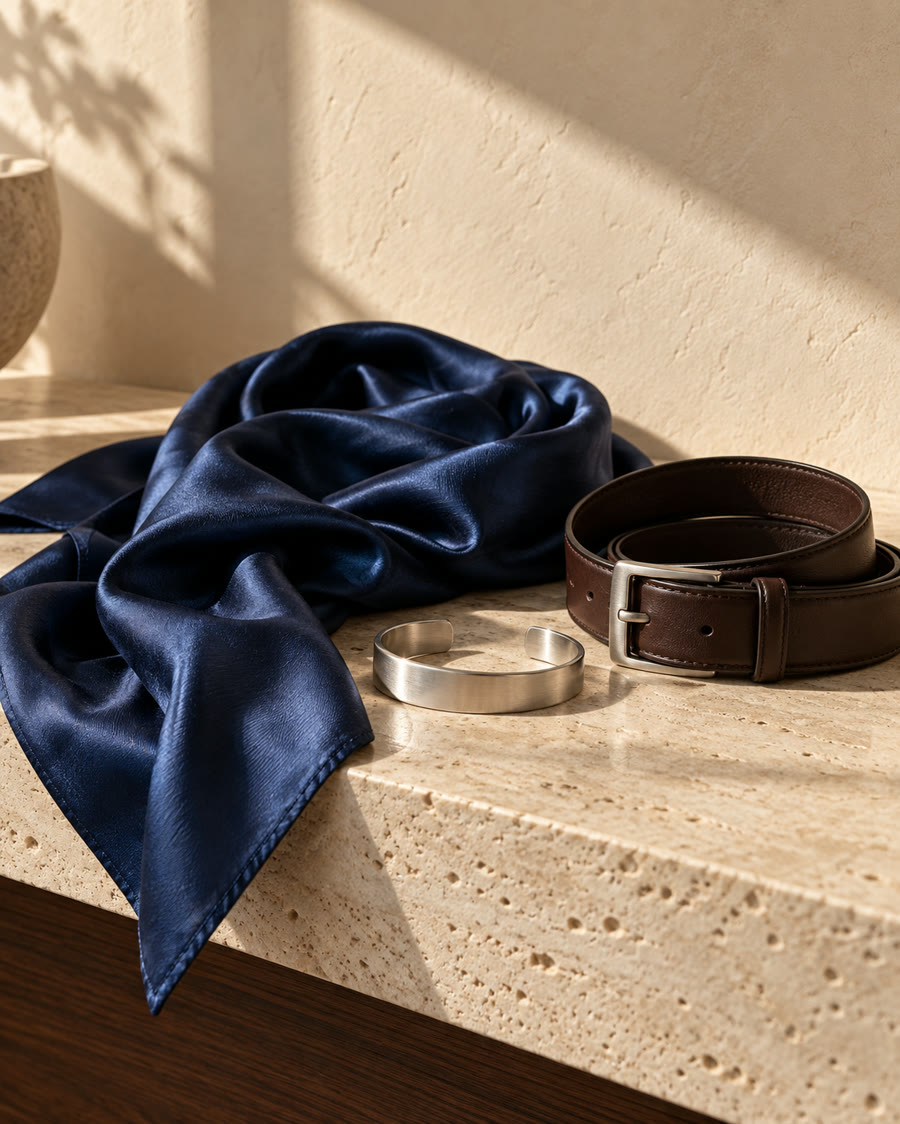 A still life of fabric, leather and metal
