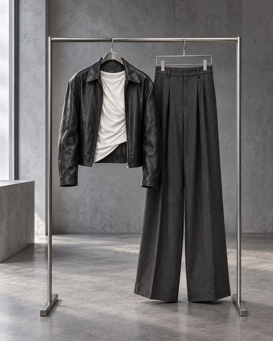 Black leather, an asymmetric white top and charcoal wide-leg tailoring